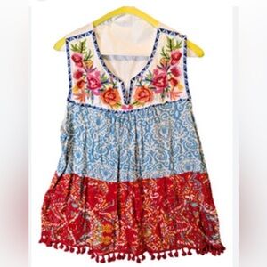 NWT Calessa Sleeveless Top Blouse Small Colorful Floral Embroidered Fringe